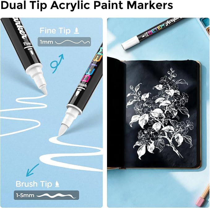 Betem 2 White Paint Markers for Glass, Dual Tip Acrylic Paint Pens | Window, Fabric, Wood, Rock, Canvas, Acrylic Markers with Fine & Brush Tip, Art & Craft Supplies, Wine Glass Markers