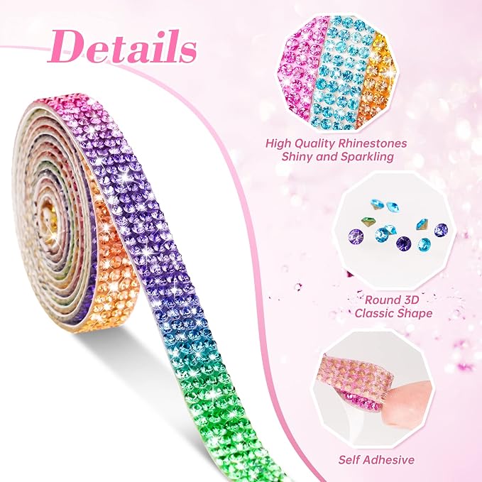 NiArt Self Adhesive Crystal Rhinestone Diamond Ribbon 12 Rolls 0.9cm Wide Total 12 Yards Multi-Functional DIY Decorative Bling Gemstone Arts Crafts Sticker Tape Glitter Shoes Clothes (Assorted Colors)
