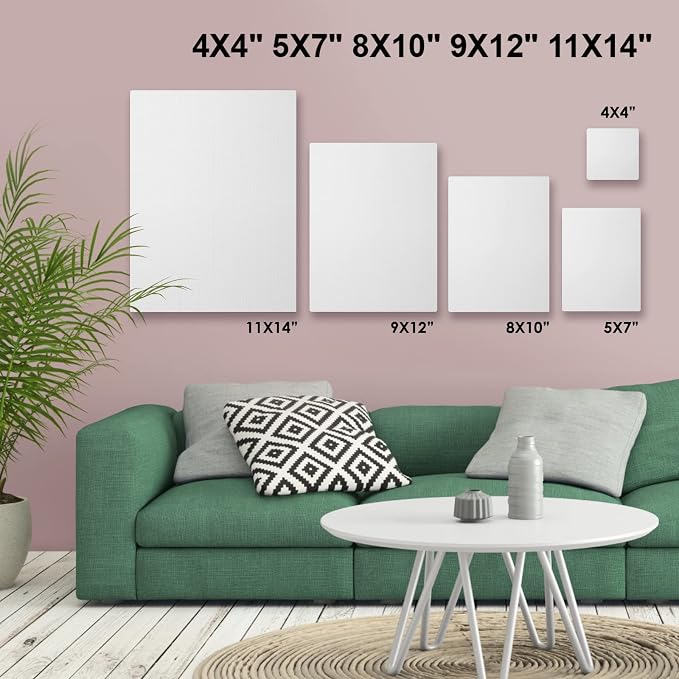 GOTIDEAL 18Pcs Stretched Canvases, Multi Pack 4x4, 5x7, 8x10, 9x12, 11x14 | Primed White Set, 100% Cotton Artist Blank Canvas Boards for Painting, Acrylic Pouring, Oil Paint