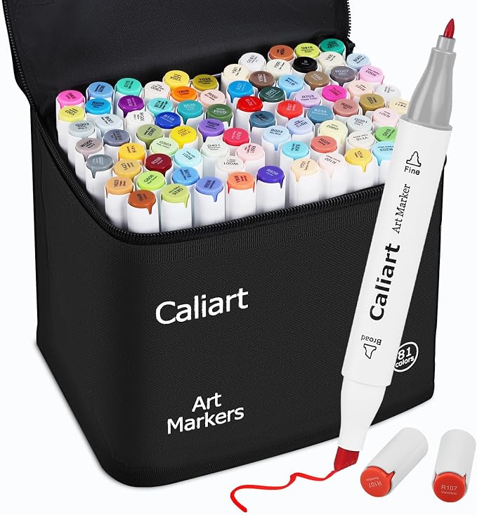 Caliart 81 Colors Alcohol Markers for Adult Coloring Books, Fine & Chisel | Dual Tip Art Markers Permanent Sketch Pens for Artists Beginners Hobbyists, Illustration Drawing Colored Markers with Case
