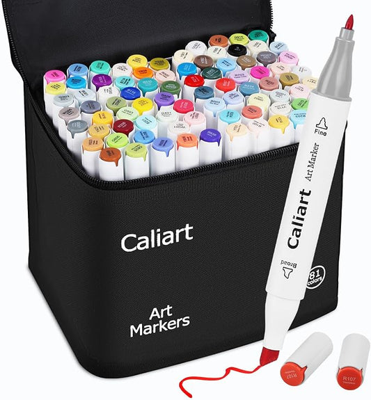 Caliart 81 Colors Alcohol Markers for Adult Coloring Books, Fine & Chisel | Dual Tip Art Markers Permanent Sketch Pens for Artists Beginners Hobbyists, Illustration Drawing Colored Markers with Case
