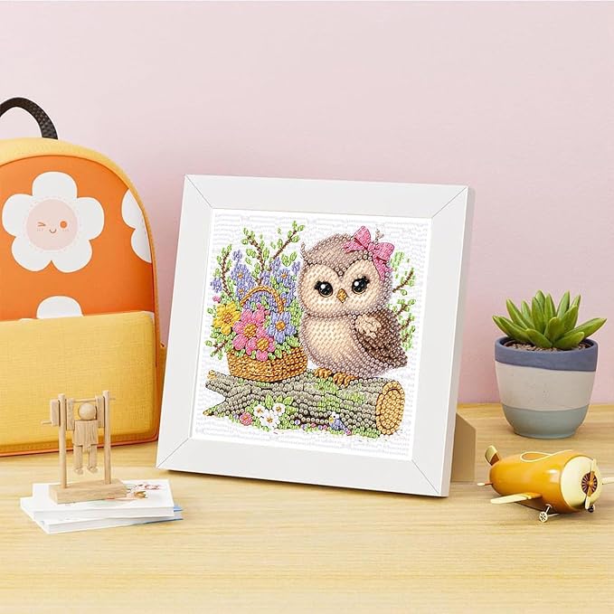 Ajepon Owl Diamond Art Kit for Kids, Ages 8-12, 7x7 Inch, Modern Style, Crystal Diamonds, Includes Canvas, Frame, Tools, Non-Foldable
