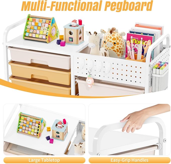 14 Drawer Rolling Storage Cart with Tabletop and Pegboard for Craft Color | Easy Setup, Large Capacity, Sturdy Build, Smooth Mobility, For classroom, office and dorm supplies