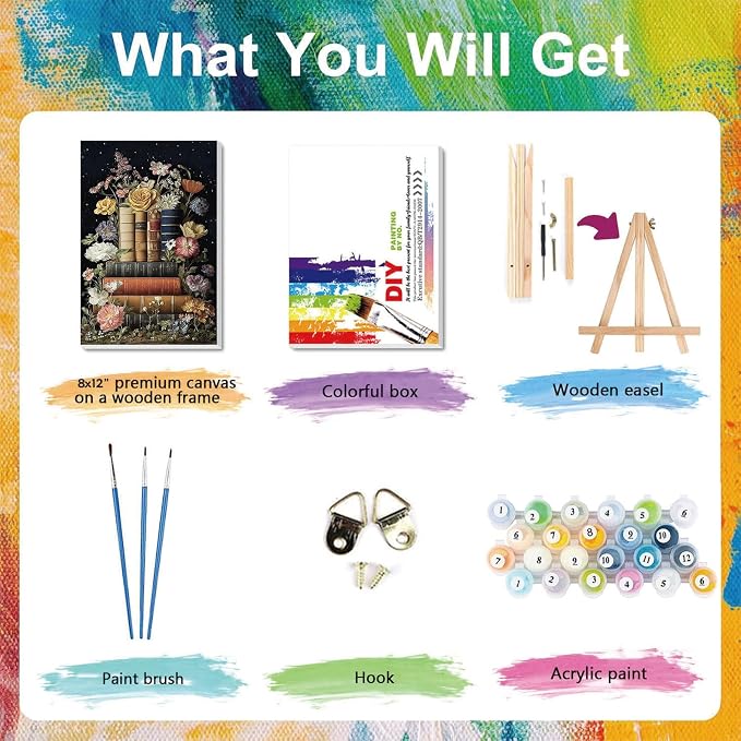 xackcme Book Paint by Numbers for Adults with Framed Canvas 8x12 inch | Flowers Paint by Number on Canvas, DIY Books Acrylic Oil Painting Kits with Brushes Wooden Easel for Home Wall Decor