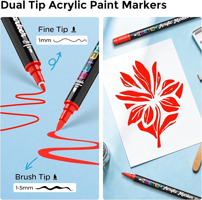 Betem 2 Red Paint Markers for Glass, Dual Tip Acrylic Paint Pens | Window, Fabric, Wood, Rock, Canvas, Acrylic Markers with Fine & Brush Tip, Art & Craft Supplies, Wine Glass Markers