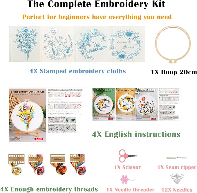 Vigdit 4 Pack Embroidery Kit for Beginners, Needlepoint Cross Stitch Kit for Adult Beginner, Easy DIY Hand Embroidery Starter Kit with Stamped Floral Pattern Embroidery Hoop Tools and Instruction