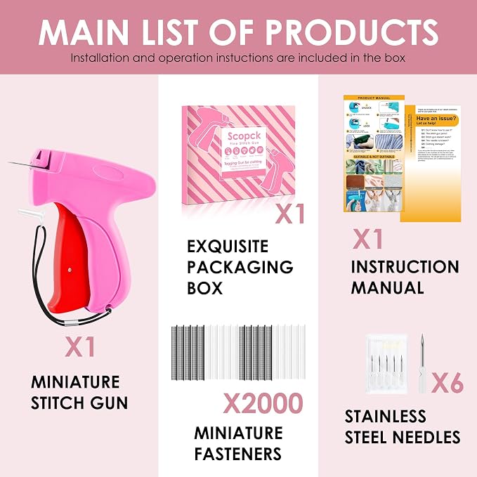 Stitch Gun for Clothes - Handheld Stitch Gun Quick Clothing Fixer - Tagging Gun - Includes 6 Needle, 1000 Black Fasteners & 1000 White Fasteners