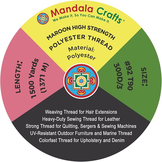 Mandala Crafts Maroon Tex 90 Polyester Heavy Duty Thread for Upholstery | 1500 Yds T90 UV Resistant Strong Thread for Leather Sewing, Marine, Drapery, Jeans, Hair Weaving & Extension, Outdoor