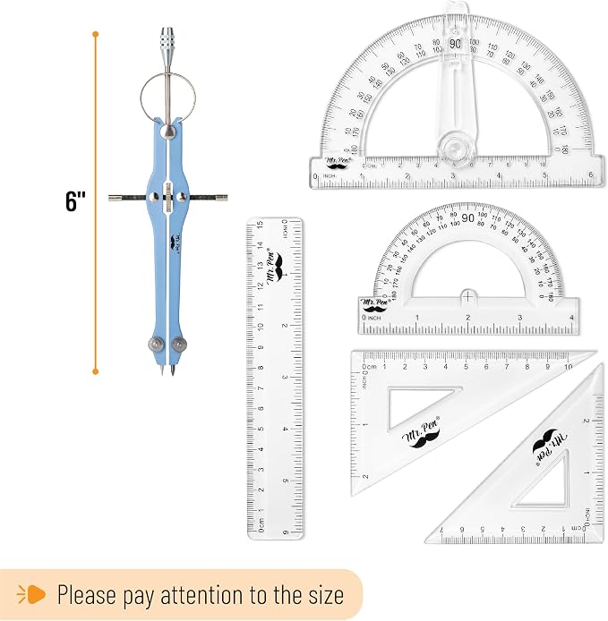 Mr. Pen- Geometry Set, 15 pcs, Blue, 6 Inch Swing Arm Protractor, Divider | Set Squares, Ruler, Compasses and Protractor