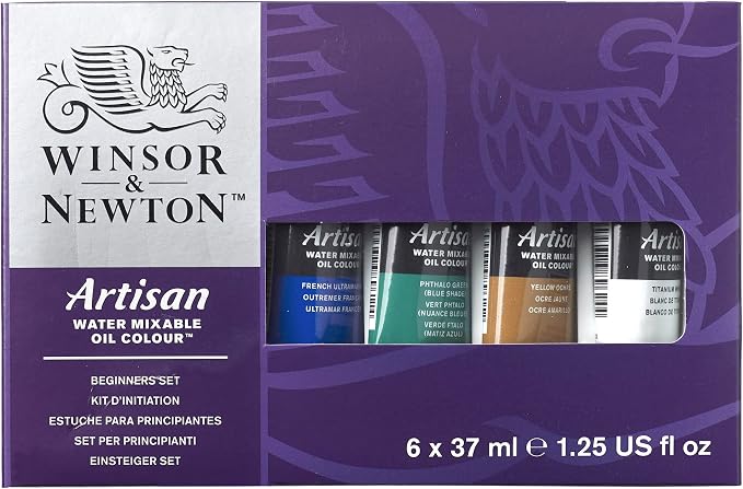 Winsor & Newton Artisan Water Mixable Oil Paint, Beginner's Set 6 x 37ml | Clean with water; no solvents needed. Color depth, lightfastness, opacity/transparency are the same as traditional oils.