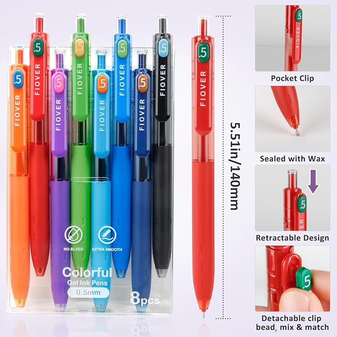 FIOVER Colored Gel Pens, 0.5mm Fine Point Smooth Writing Colorful Pens