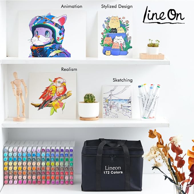 Lineon 172 Colors Alcohol Based Dual Tip Art Markers, 171+1 Blender Permanent Marker Pens Plus 1 Marker Pad 1 Case Perfect for Kids Adult Artist Coloring Books Drawing Sketching and Card Making
