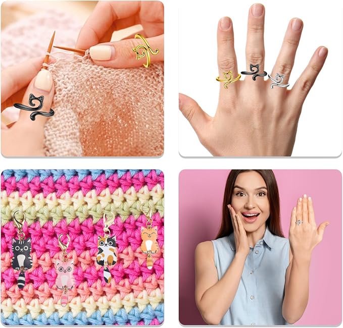 4PCS Adorable Crochet Rings with 7PCS Cat Stitch Markers and 20PCS Stitch Needle Clip Counter,Adjustable Tension Rings for Finger Accessories and Gadgets,Ideal Yarn Guide Ring Knitting Tools for Women