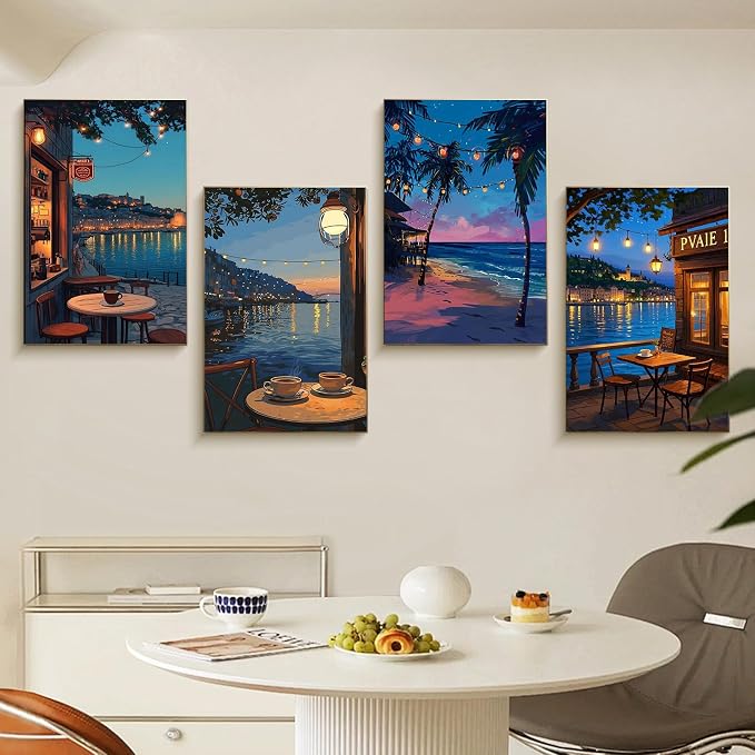 4 Pack Framed Paint by Numbers Kit for Adults Coffee with Wooden Easel | With Frame Canvas 8x12 IN, For Adults Beginner, DIY Acrylic Painting Landscape, Stress Relief Craft Kit, Home Wall Decor Gift
