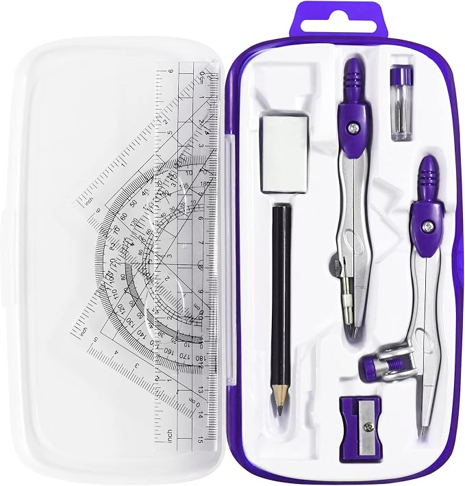 Unjoo Math Geometry Set 10 Pcs, Compass and Protractor for Students(Purple | Shatterproof Storage Box,Rulers,Protractor,Compass,Eraser,Pencil Sharpener,Lead Refills,Pencil,for Classroom, Back to School