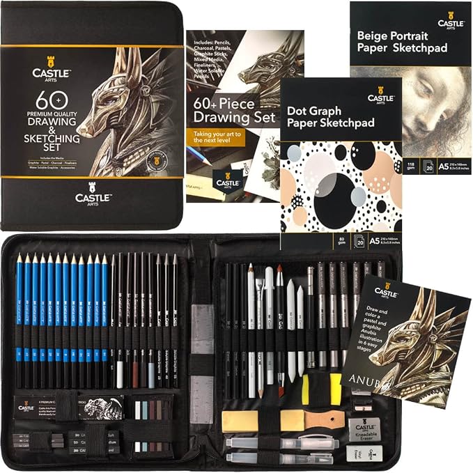 Castle Art Supplies 60 Piece Drawing, Sketching and Charcoal Set for Adults | Graphite, charcoal, pastel, water-soluble pencils, sticks, and fineliners - carry-anywhere zip case, professional quality