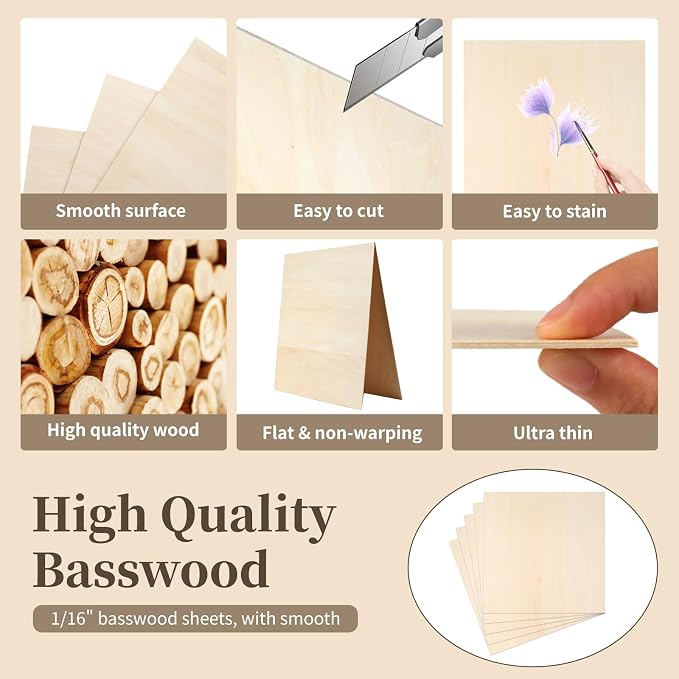 Balsa Wood, Plywood Sheet, Unfinished Basswood Blanks, 12×12×1/8 in, 5 Pcs | for Laser Cutting, Engraving, Burning, Crafts, Paint; Smooth and Polished, No Burrs, Wood Craft Supplies