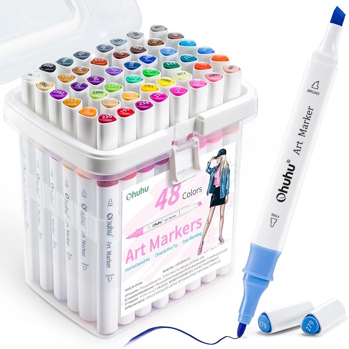 Ohuhu Alcohol Markers for Beginners 48 Colors Fine& Chisel Great Value Pack | Dual Tips Alcohol-based Art Marker for Adult Coloring Illustration Drawing with Colorless Blender Storage Case