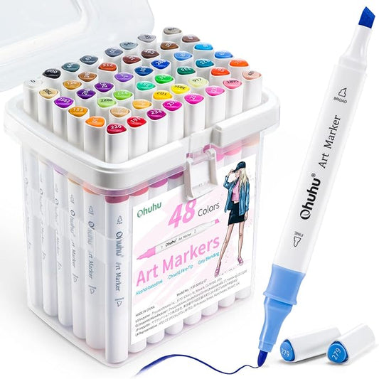 Ohuhu Alcohol Markers for Beginners 48 Colors Fine& Chisel Great Value Pack | Dual Tips Alcohol-based Art Marker for Adult Coloring Illustration Drawing with Colorless Blender Storage Case