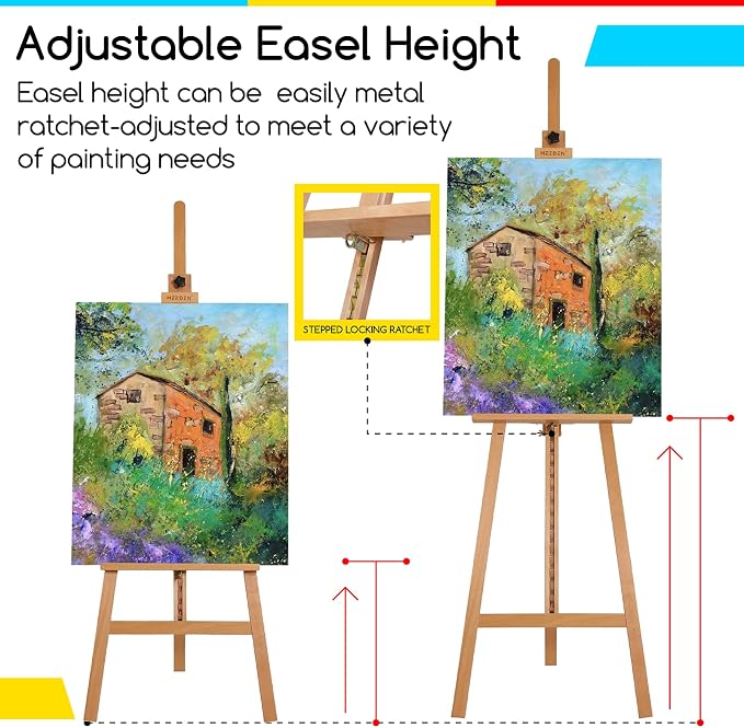 MEEDEN Painting Wooden Art Easel: Solid Beechwood, Hold Canvas up to 43" | Adjustable Height from 57"-76" for Studio Gallery, Multiple Work Angles A-Frame Easel for Adults Artists Beginners, Natural