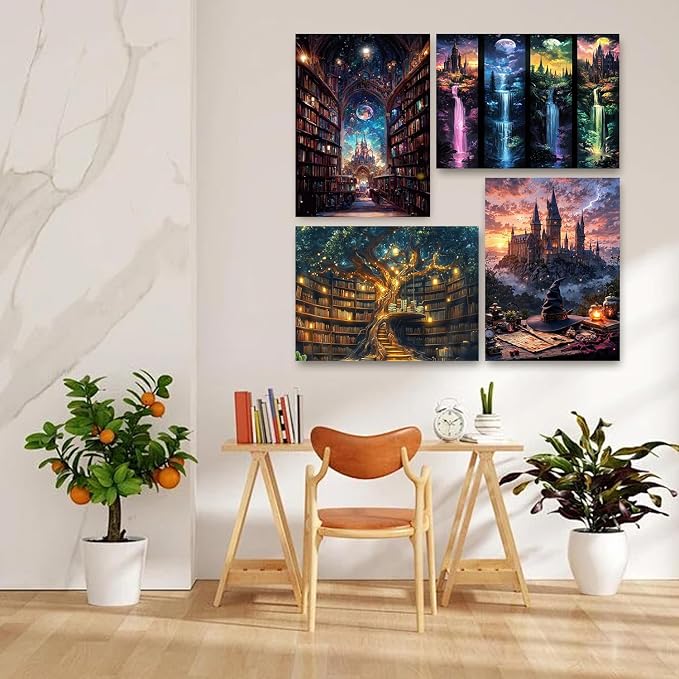 4 Pack Castle Paint by Numbers Kit for Adults Framed Canvas, Frameworkless | Easy Adult Paint by Number Kits on Canvas DIY 4 Pack Castle Painting for Beginners Art by Numbers for Home Wall Decor Gift