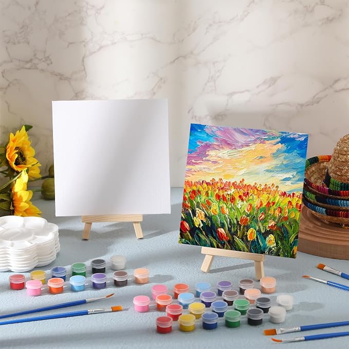 Qilery 12 Set Canvas Painting Kit, Mini Canvas with Wooden Easels Acrylic Paints Strips, Brushes, Palette, Art Set for Acrylic Oil Watercolor Adults Birthday Party Favors(4 x 4 Inch)