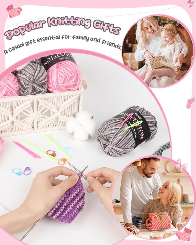 Katech Knitting Kit for Beginner Adults W/Socks Step-by-Step Instruction | 4 Pcs Socks Yarn Knitting Kit w/ Knitting Needles, Knitting Starter Kit for Learn to Knit Sock Kits Gift Gray-pink