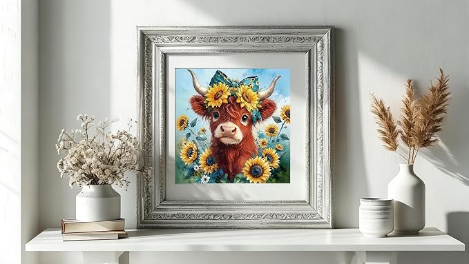 Gikboup Highland Cow Diamond Art Kit for Adults, Sunflower Floral Bow 13.7"