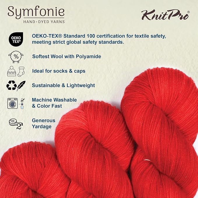KnitPro Symfonie Fingering Weight Merino Wool Yarn 100g, Scarlet