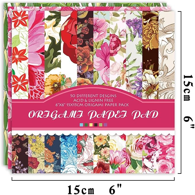 Origami Paper 50 Sheets, 6-Inch Square Double Sided Colored Craft Paper | 70GSM colorful paper,50 Vivid Pattern Origami Kit,DIY Hand Crafts,Arts Creativity,Easy to Fold,No-Fading.Rose