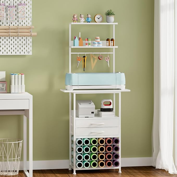 VENNQD Stand Compatible with Cricut Maker and Cricut Explore Air Series Craft Organizers and Storage with 2 Fabric Drawer and Shelves Crafting Table with Vinyl Roll Holder Workstation, White