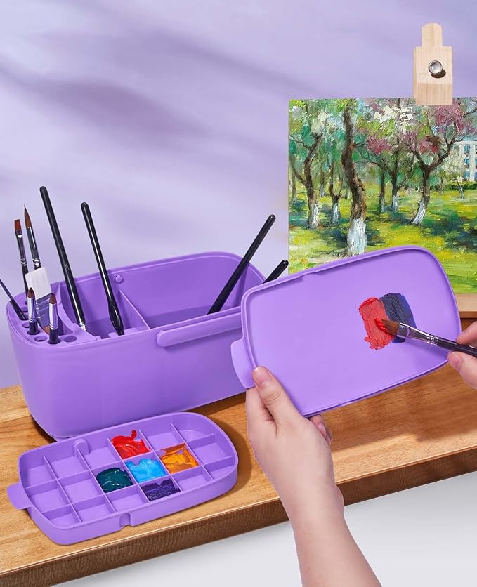 GAMENOTE Paint Brush Cleaner, Paint Brush Holder and Palette, Purple | All-in-one painting station washes and rests brushes, mixes colors, and stores paint in 18 wells with a portable handle.
