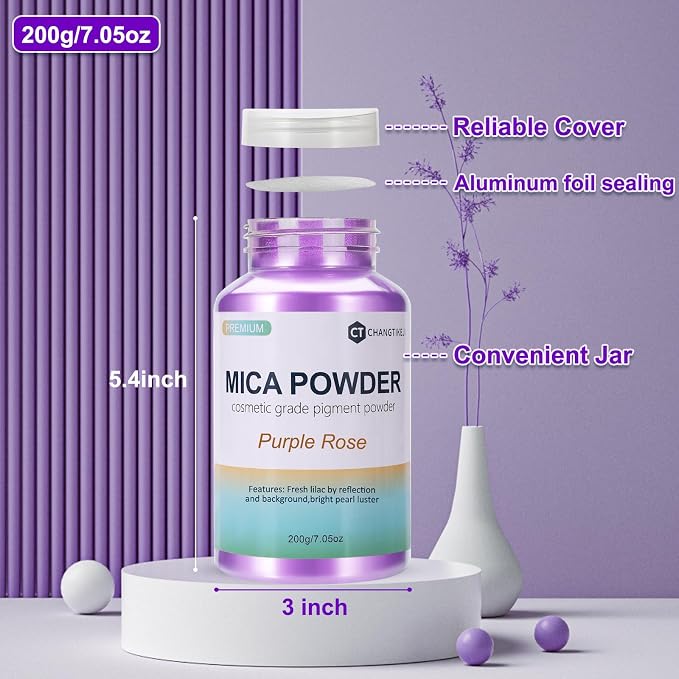 Mica Powder,7.05OZ（200g）,Purple Rose Mica Powder Pigment for Epoxy Resin，Lip Gloss，Car Paint，Dye，Soap Making，Nail Polish,Epoxy Resin,Candle Making,Bath Bombs