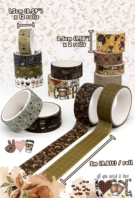 Coffee Themed Washi Tape Set, 14 Rolls Vintage Crafts Tape, Art Decorative Tape for Scrapbooking Supplies, Junk Journal, Bullet Journaling, Vision Board Supplies