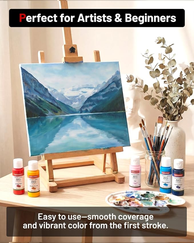 Fantastory 60ml 36 Colors Acrylic Paint Set with 12 Brushes | with 12 Brushes, Chart, Palette, Scraper, Sponge - 3 Metallic, Non-Toxic, Waterproof for Wood, Rock, Canvas, Clay, DIY, 3D