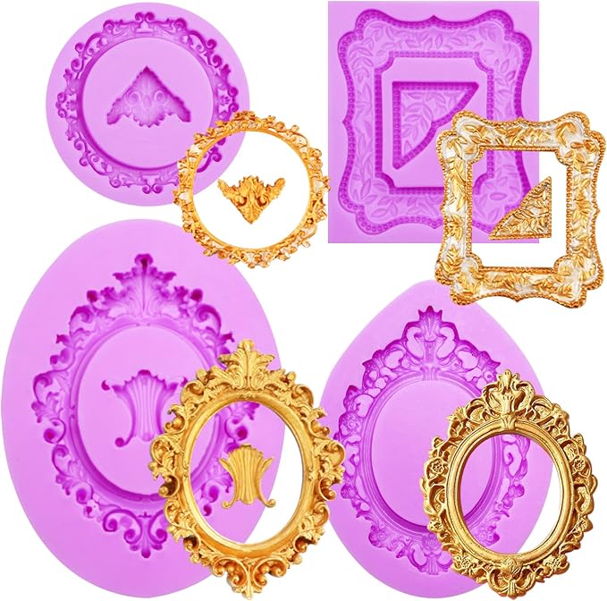 Frame Silicone Mold, 4 Pcs Picture Frame Molds for Chocolate Vintage Baroque Photo Frame Molds for Cake Decorating Cupcake Topper Candy Polymer Clay