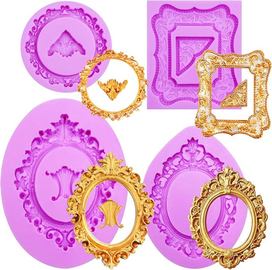 Frame Silicone Mold, 4 Pcs Picture Frame Molds for Chocolate Vintage Baroque Photo Frame Molds for Cake Decorating Cupcake Topper Candy Polymer Clay