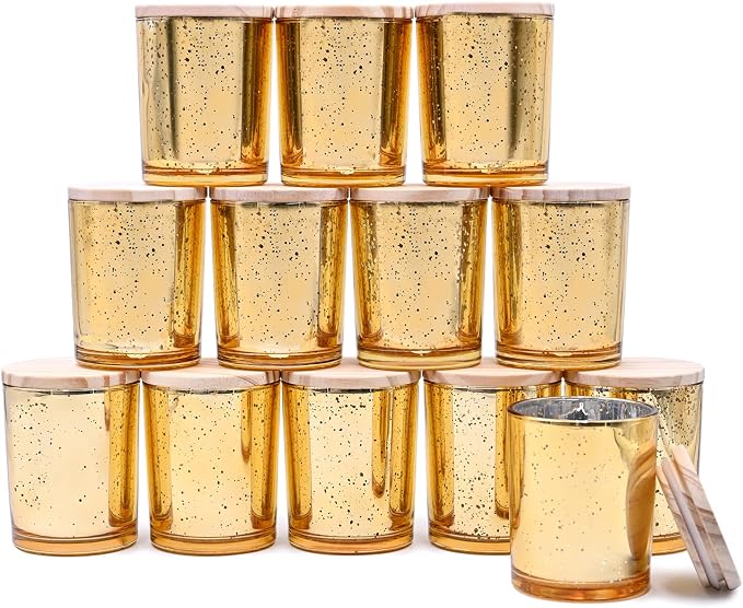SHOWIN Thick Candle Jars for Making Candles 12 Pcs, 7 OZ Empty Jars with Wood Lids for Candle Making, Sample Container, Gold