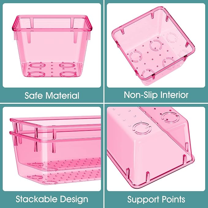 25 PCS Plastic Drawer Organizer Set, Makeup Organizers and Storage Bins | 4 Sizes Desk Drawer Divider Organizers and Storage Bins for Jewelry, Gadgets for Kitchen, Bedroom, Bathroom, Clear Pink