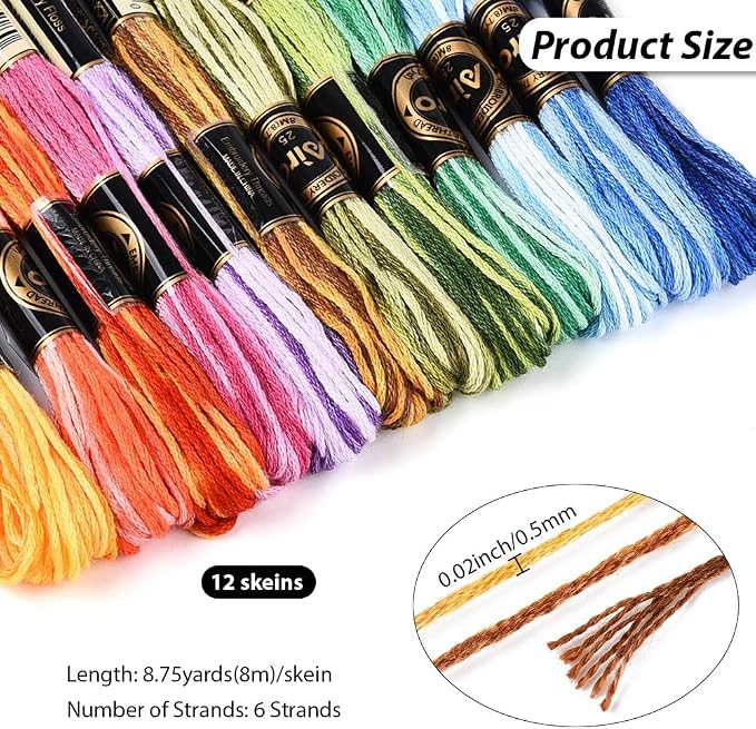 12 Skeins 6 Strands Rainbow Embroidery Thread Floss for Craft DIY