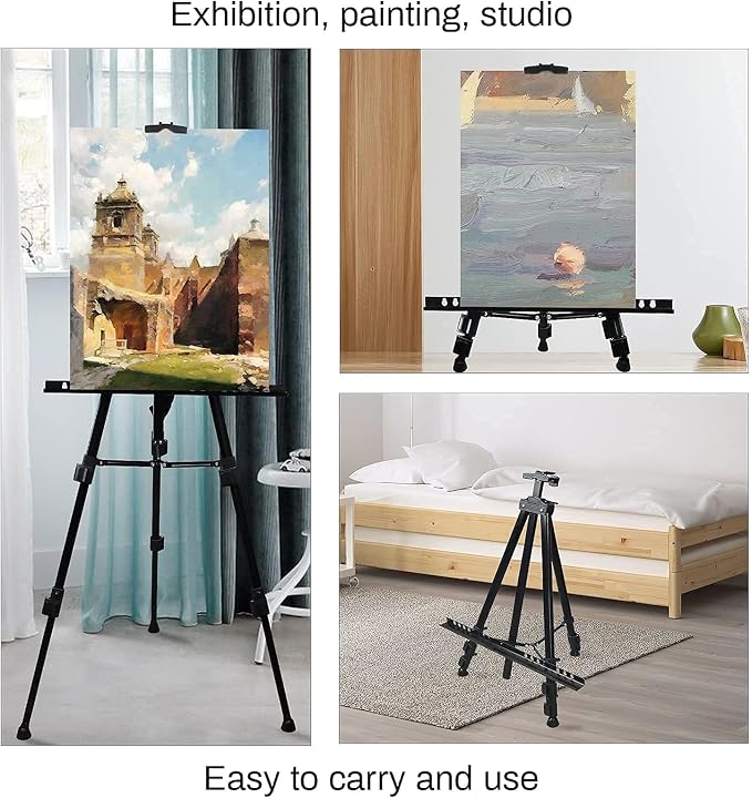 RRFTOK 72 in Art Easel Stand, Adjustable Metal Tripod, Dual-Layer | Dual-layer supports canvas or signs at two heights; adjusts up to 72 in with spring clip and reinforced chain for stability.