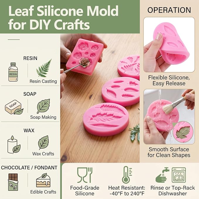 Pimoys 7 Pcs Leaf Silicone Mold for Resin Soap Fondant