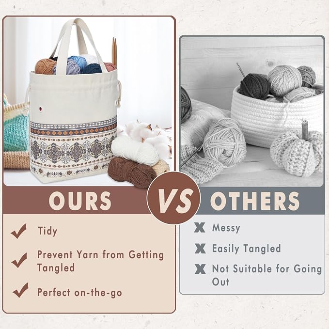 TOGETRUE Yarn Bag, Knitting Crochet Tote Bag, Yarn Storage Bags Organizer, Crochet bags for Crocheting Project, Store Skein Ball, Short Knitting Needle (Brown Style)