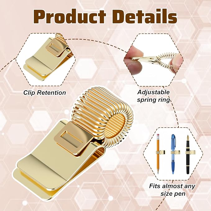 Grevosea 5Pcs Metal Pen Clip Holder, Portable Pen Holder Clips Adjustable Spring Loop Organizer for Notebook Clipboard Gold Tone