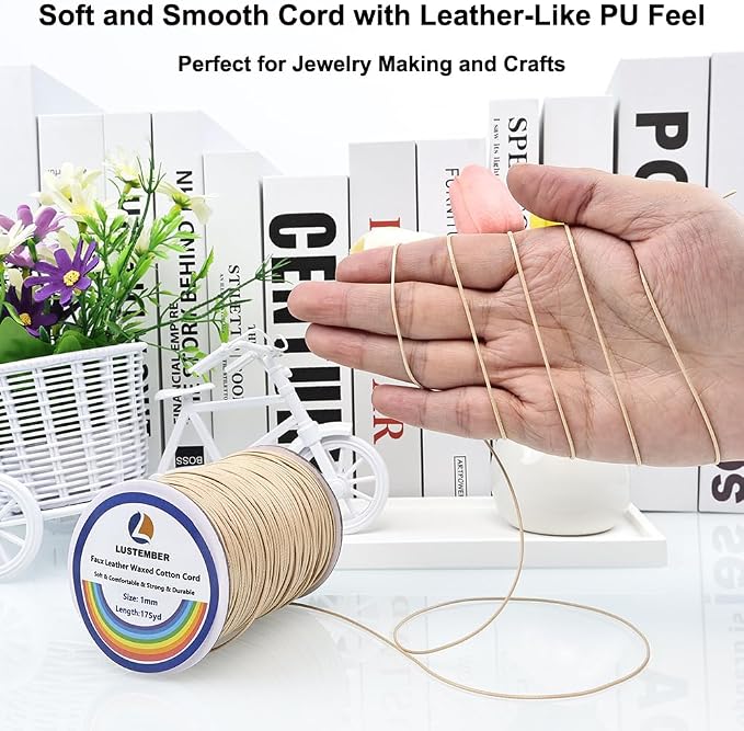 LUSTEMBER 1mm Faux Leather Waxed Cotton Cord, 175 Yards – Durable Necklace String, Soft and Textured Cord for Necklaces, Bracelets, and Jewelry Making