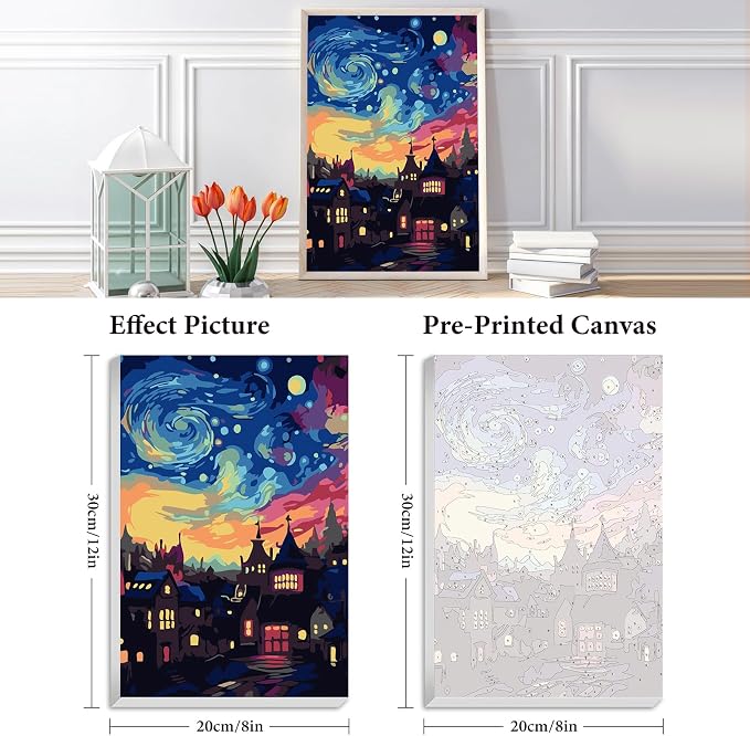 Framed Paint by Numbers Kit for Adults Beginner & Kids Ages 8-12, Starry Night Paint by Number with Frame, Acrylic Abstract Landscape Painting by Numbers Kit on Canvas 8x12 inch for Home Wall Decor