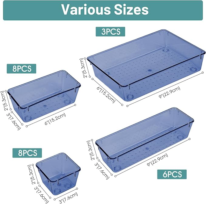 25 PCS Plastic Drawer Organizer Set, Makeup Organizers and Storage Bins | 4 Sizes Desk Drawer Divider Organizers and Storage Bins for Jewelry, Gadgets for Kitchen, Bedroom, Bathroom, Clear Dark Blue