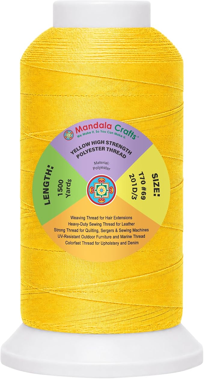 Mandala Crafts Yellow Tex 70 Polyester Heavy Duty Thread for Upholstery | 1500 Yds T70 UV Resistant Strong Thread for Leather Sewing, Marine, Drapery, Jeans, Hair Weaving & Extension, Outdoor