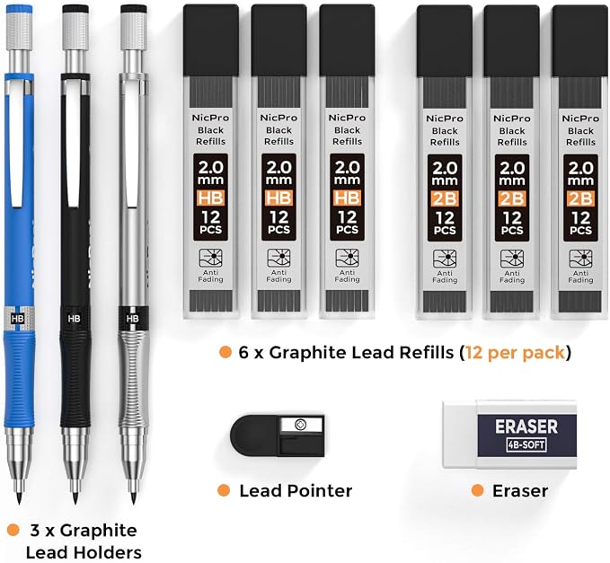 Nicpro 11 Pieces 2mm Mechanical Pencil Set 3 PCS Carpenter Drafting Pencil