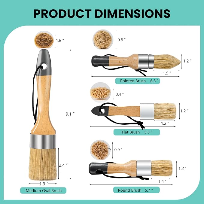 Mister Rui Chalk Wax Paint Brush 4 pcs, Large Wax Brush for Furniture | Natural Bristles Stencil Paint Brushes for All in One Paint, Acrylic Paint, Cabinets for Home Decor, Art Crafts, No Shedding